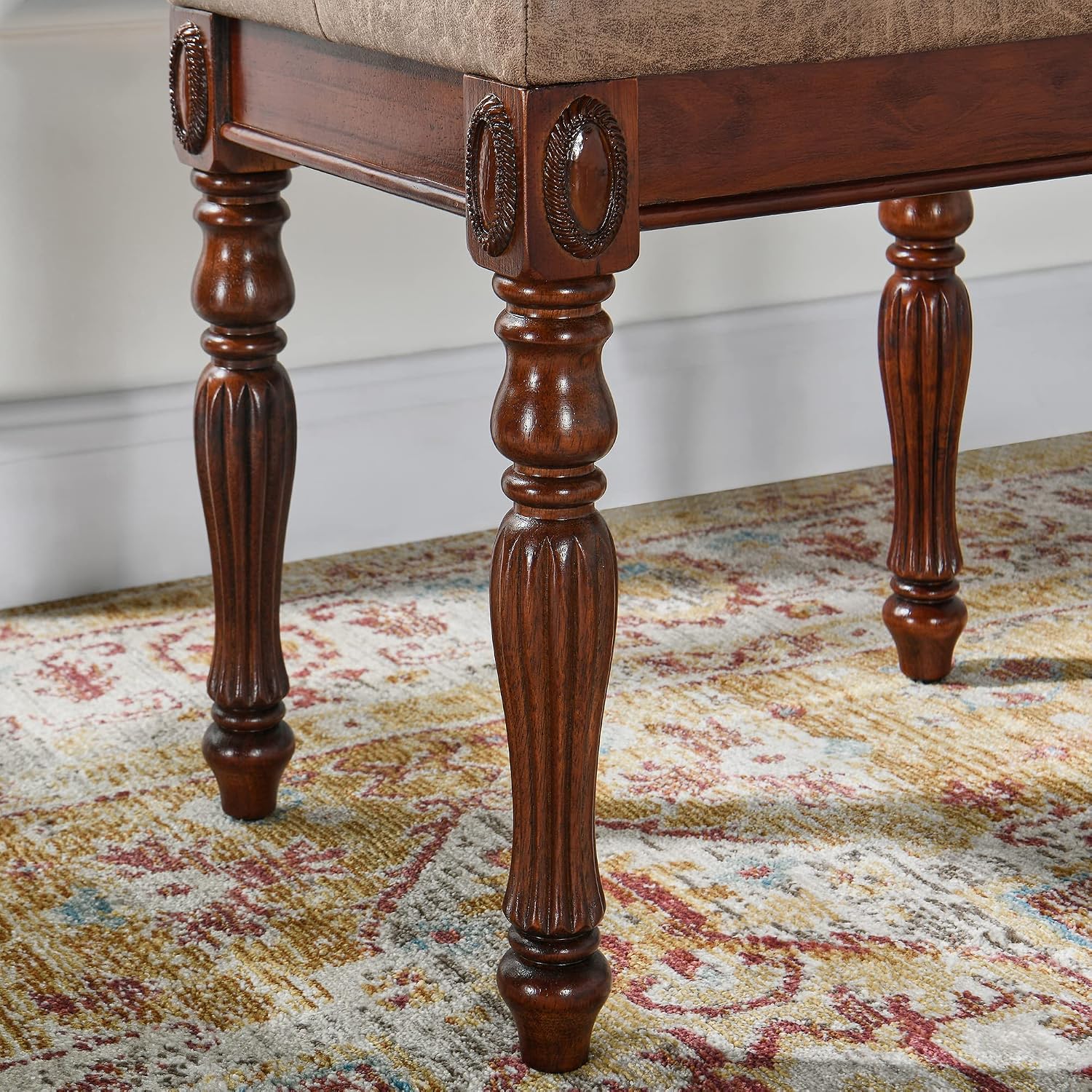 Vanity Bench Stool with Padded Cushion, Piano Bench with Solid Wood Carving Legs, Home Chairs Button Breathing Leather Upholstered Seat, 18.5' x 14.2' x 19.1' Easy Assembly, Yellowish Brown FD1533LT