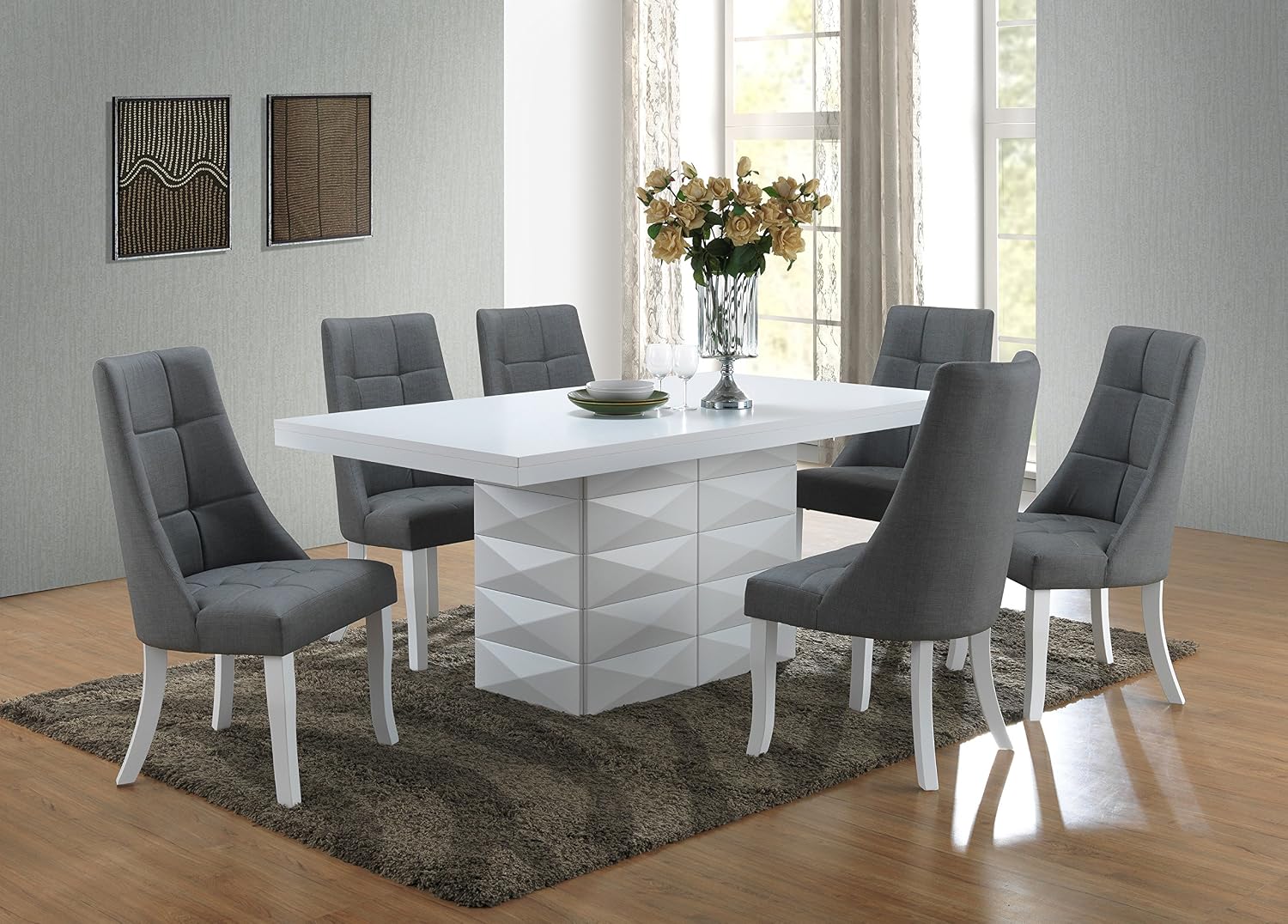 Kings Brand Furniture Milan 7 Piece White Modern Rectangle Dinette Dining Room Table & 6 Grey Vinyl Chairs, 70.9' W x 39.4' D x 30.5' H