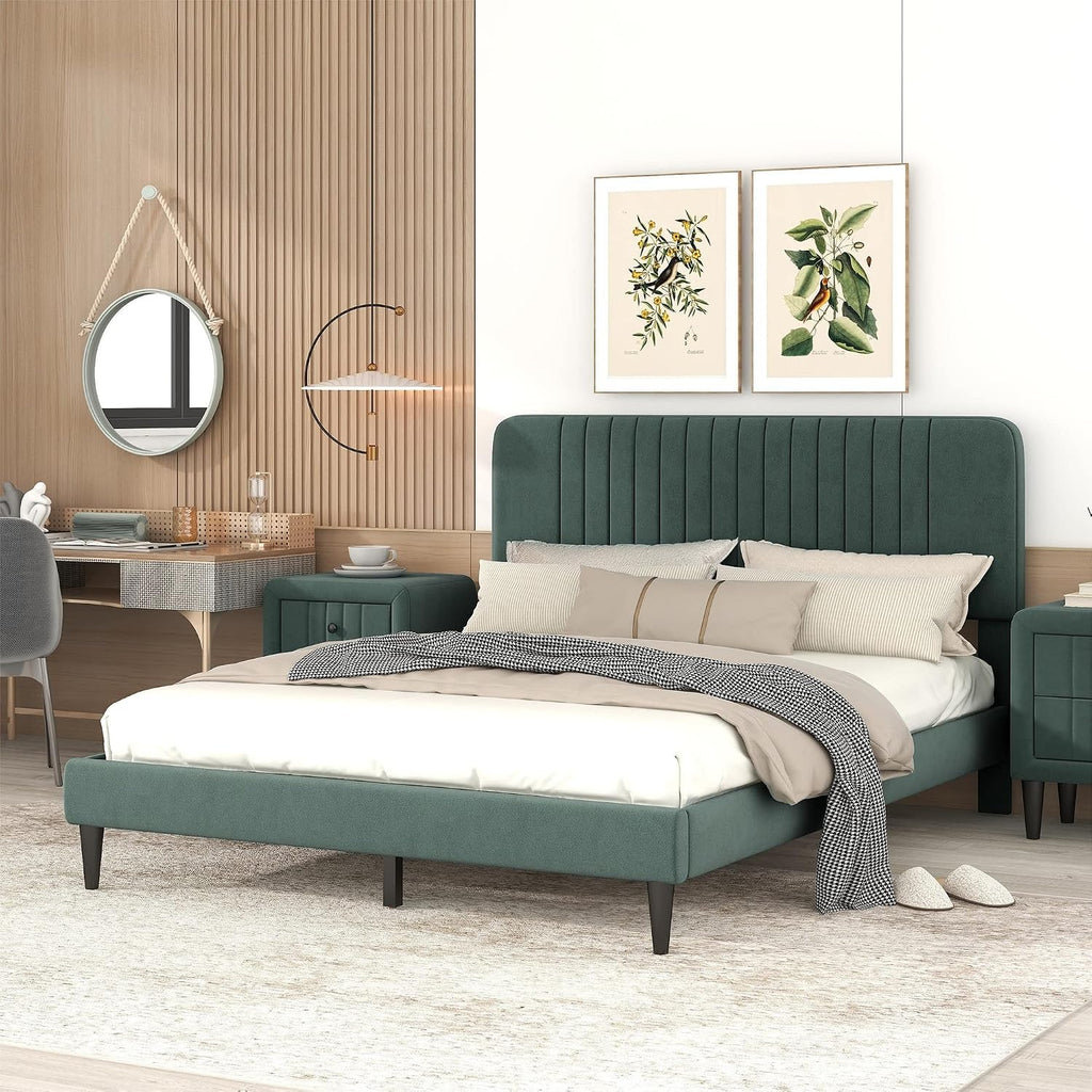 KLMM Modern Queen Size Upholstered Platform Bed, No Box Spring Needed, Velvet Fabric, Suitable for Bedroom Use, Easy to Assemble (Green#G^)