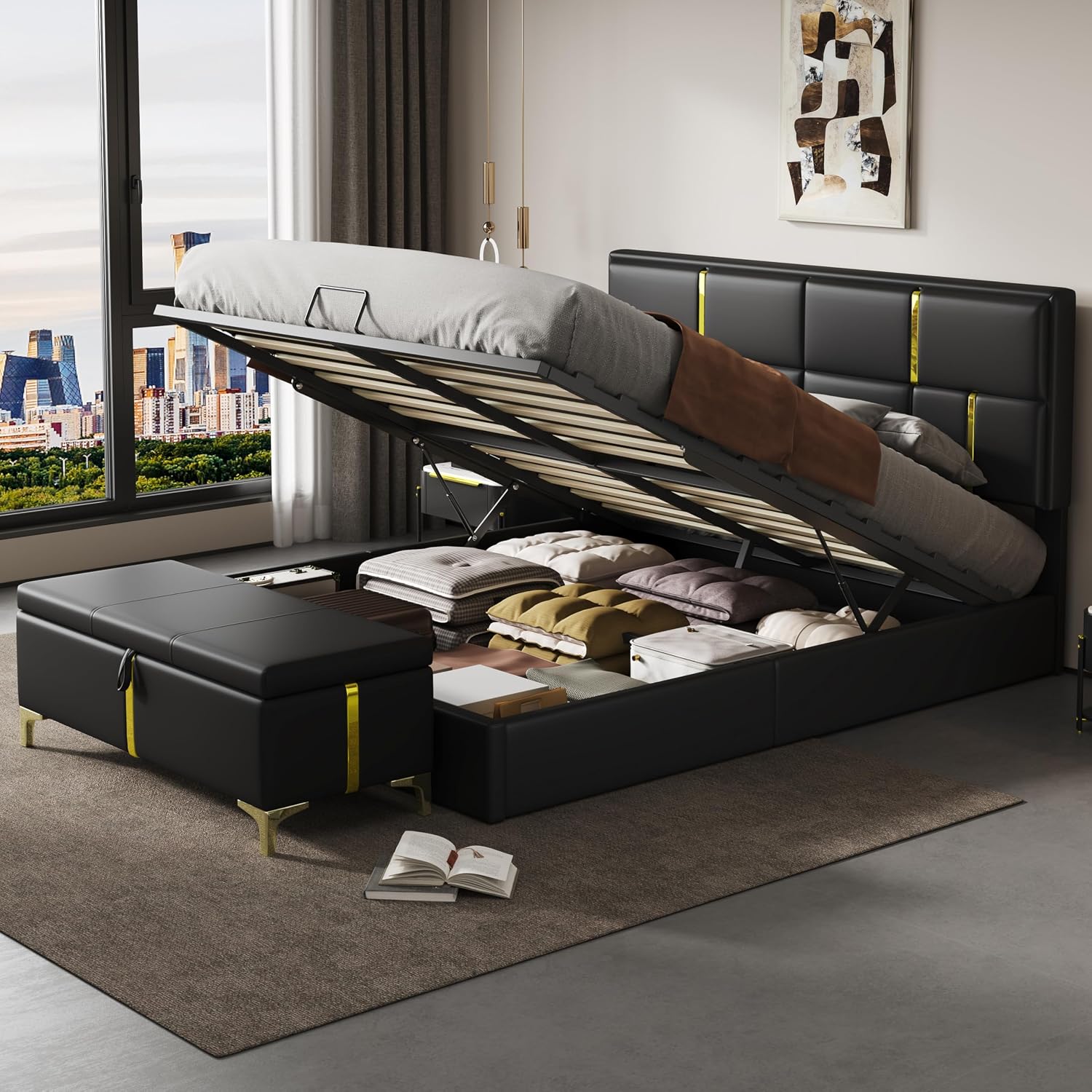 GDFStudio Gomar 2-Piece Bedroom Sets, Queen Size Storage Bed Frame with Hydraulic Lift & Ottoman Bench, PU Upholstered Platform Bed, Soft Fabric Headboard, No Spring Box Needed, Gold Decor, Black