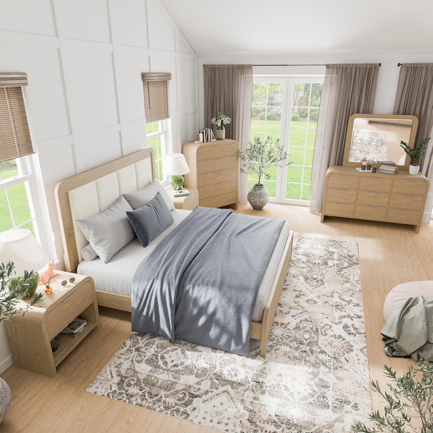 Furniture of America Verena Boho Solid Wood 6-Piece Queen Panel Bedroom Set with Channel Padded Headboard, Metal Side Glide, Finger Pulls and Beveled Mirror, Box Spring Needed, Natural