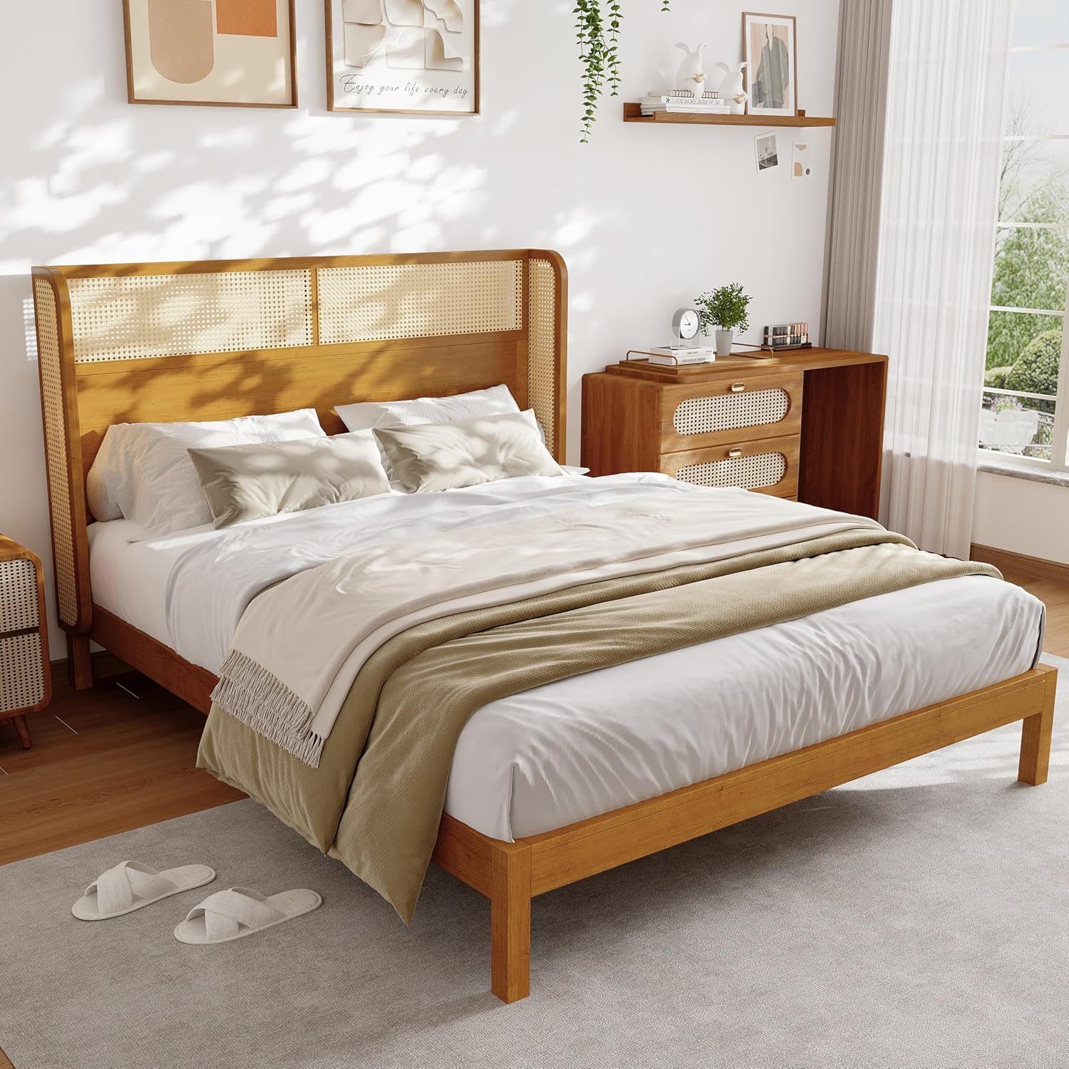 Merax Queen Size Premium Rubber Wood Platform Bed Frame, with Headboard, Mid Century Modern, Natural