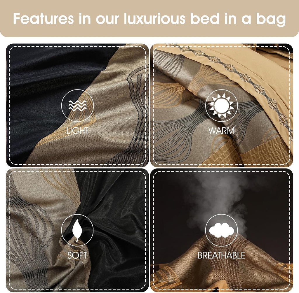 Grand Avenue Elegant Black and Gold Comforter Set King Size, Striped, 7 Pieces Jacquard Bedding Sets All Season with Comforter, Bed Skirt, Pillows & Shams, Lightweight Microfiber
