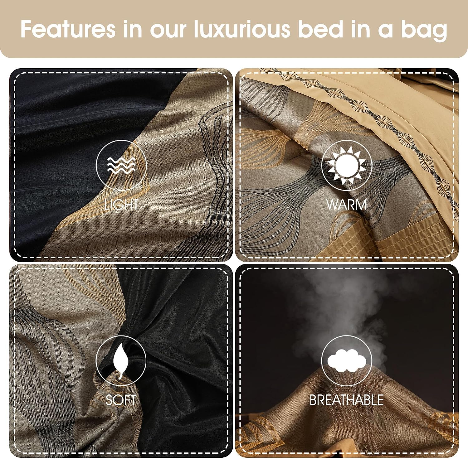 Grand Avenue Elegant Black and Gold Comforter Set King Size, Striped, 7 Pieces Jacquard Bedding Sets All Season with Comforter, Bed Skirt, Pillows & Shams, Lightweight Microfiber