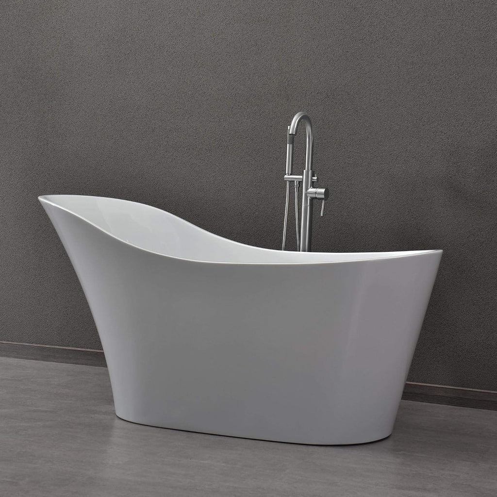 WOODBRIDGE 59' Acrylic Freestanding Bathtub Contemporary Soaking White Tub with Chrome Overflow and Drain，B0029-C-Drain&O