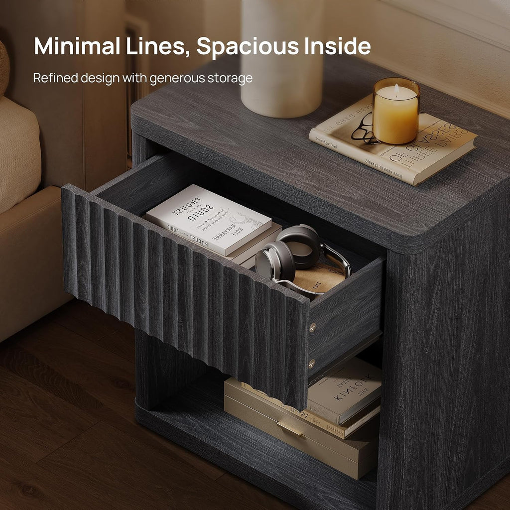 SICOTAS Night Stand Nightstand with Drawer Storage Fluted Bed Side Table End Table Large Modern Wide Bedside Mid Century Night Stands for Bedroom Living Room Sofa Couch Home Office, Dark Grey Alder