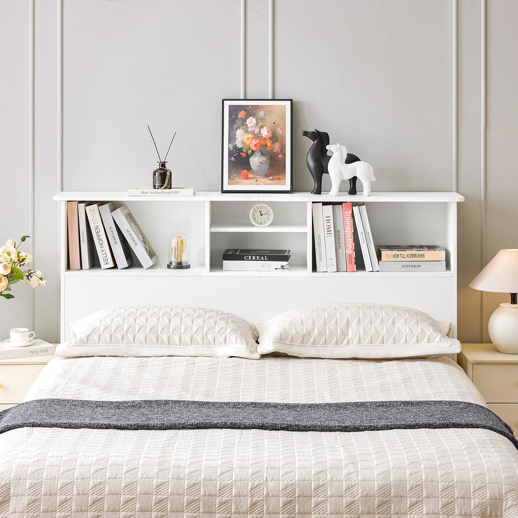 Howjoe Bookcase Headboard Queen Size, Sturdy and Durable Wood Headboards with 4 Compartments, Full/Queen Headboard with Storage, Free Standing Headboards with Adujstable Bookshelf, White