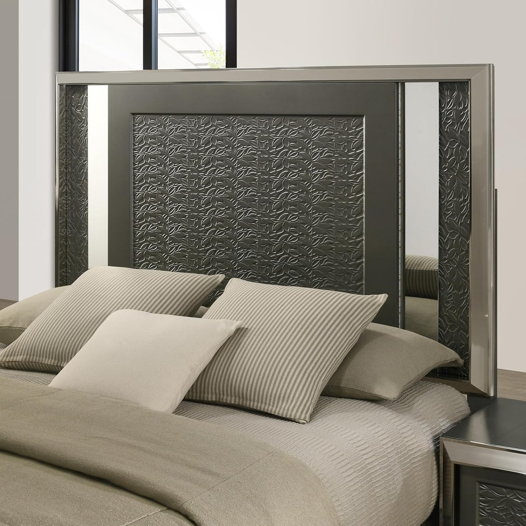 Furniture of America Uself Modern Solid Wood 5-Piece Bedroom Set with LED on Headboard and Mirror, Silver Bracketed Feet, Leaf Pattern Molding, No Box Spring Needed, King, Dark Gray