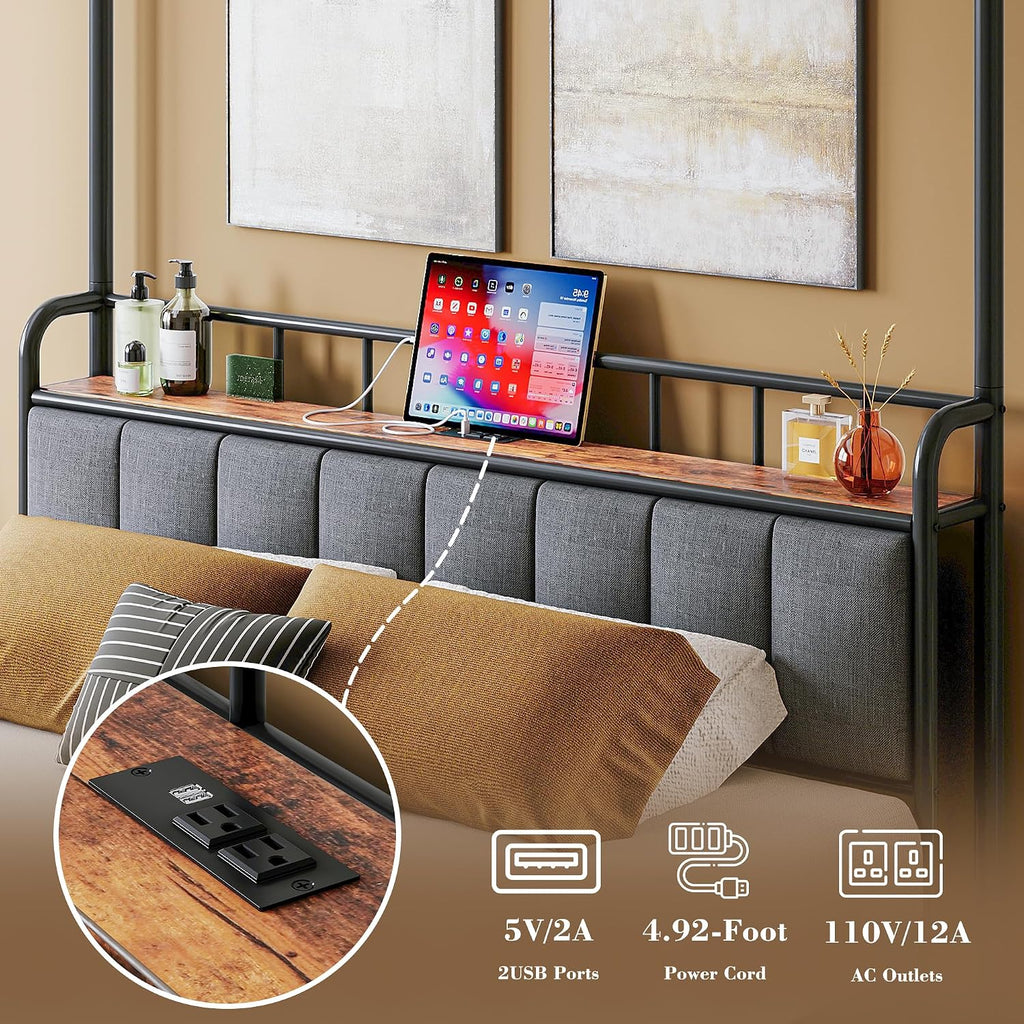 LIKIMIO Canopy Bed Frame Full, Storage Headboard with Charging Station, Platform Bed with 4 Removable Sturdy Posts, Noise Free, No Box Spring Needed, Vintage Brown