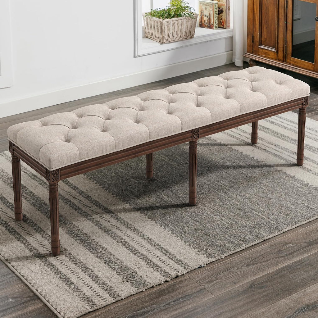 LUE BONA 60' Fabric End of Bed Bench, Upholstered Tufted French Bedroom Bench with Carved Dark Brown Legs for Bedroom End of King Size Bed, Living Room, Linen