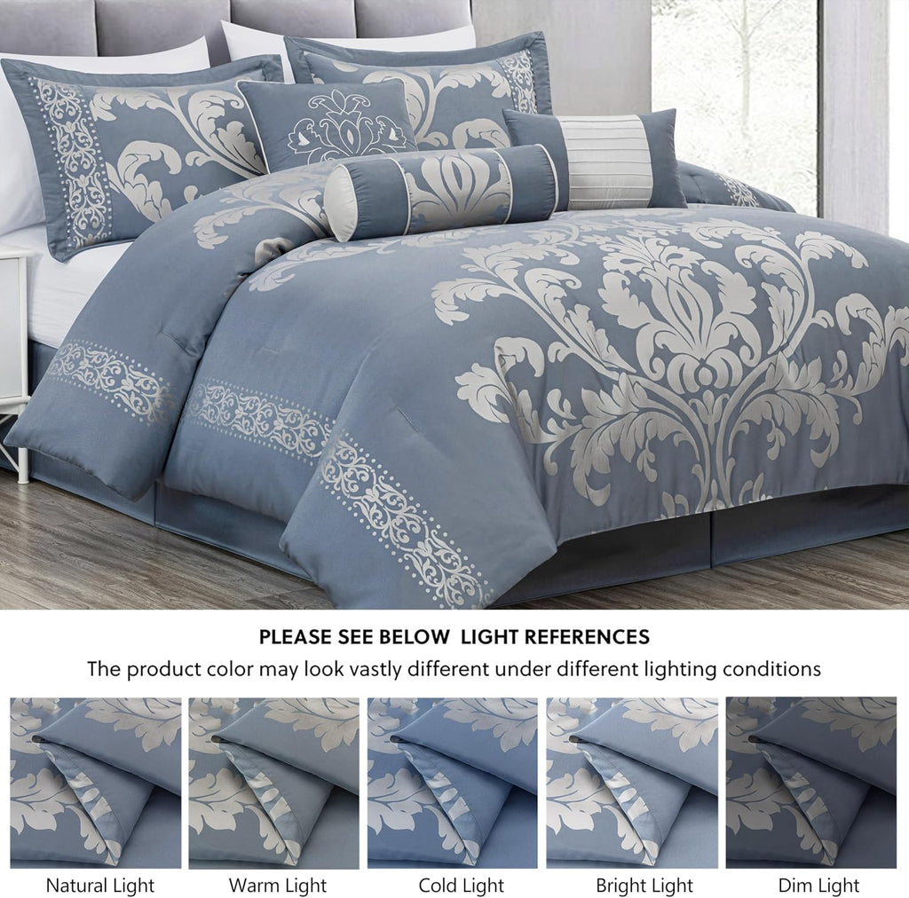 Chezmoi Collection Royale 7-Piece Jacquard Floral Comforter Set, Oversized Queen, Grayish Blue/Gray