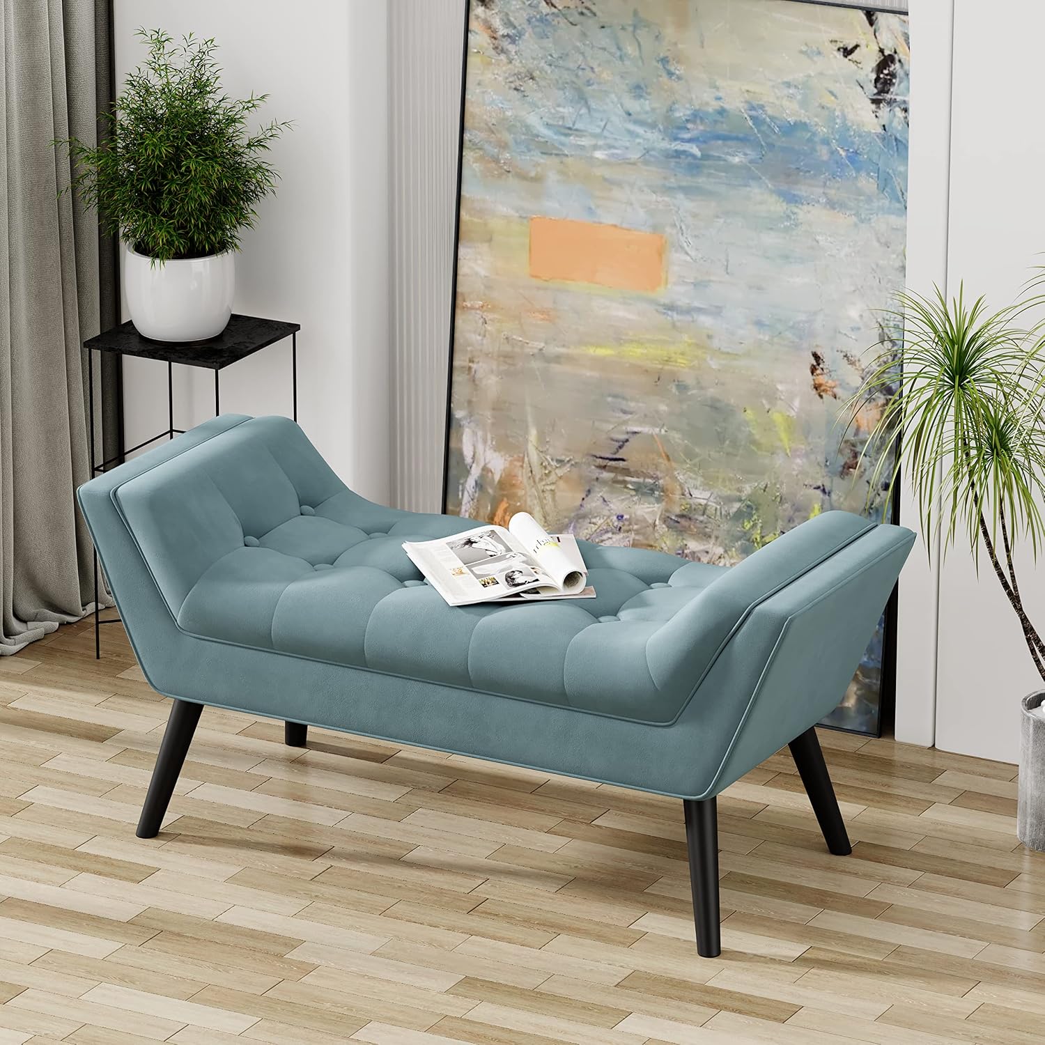 Andeworld Velvet Bed Bench,Upholstered Entryway Ottoman Bench Seat for Bedroom End of Bed,Footstools for Bed Room,Lake Blue