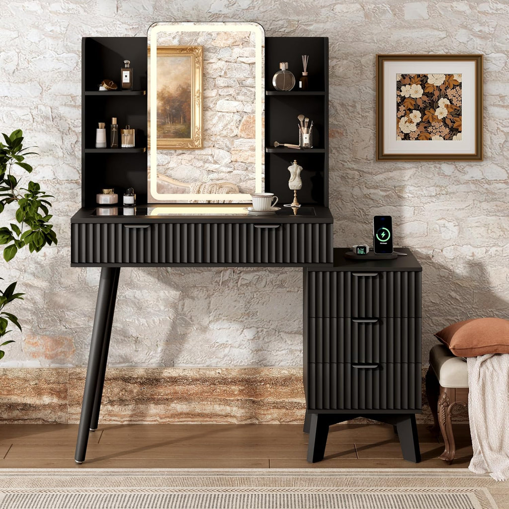 Vanity Desk With HD Lighted Mirror and Lights, Fluted Small Makeup Vanity with Storage Drawers & Shelves, Modern Dressing Table Set with Power Outlet & Glass Table Top for Women Girls Bedroom, Black