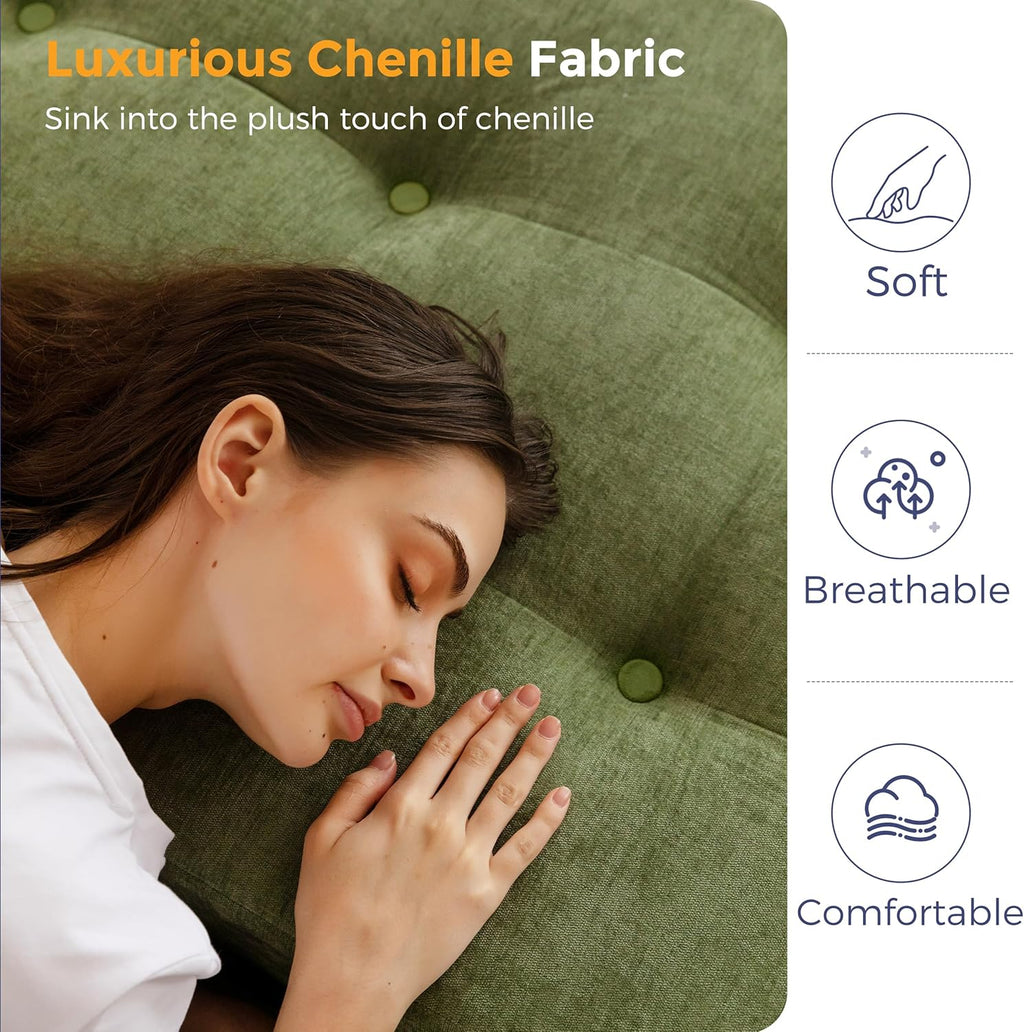 MAXYOYO 6' Folding Sofa Bed for Floor, Tufted Tri-Fold Floor Mattress with Chenille Fabric, Queen Size Portable Sofa Couch Guest Mat for Adults, Foldable Topper for Camping, Green, 59'x78.7'