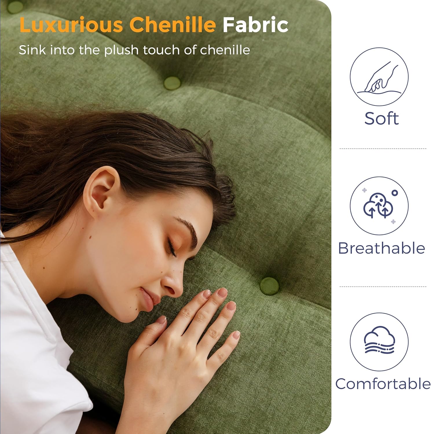 MAXYOYO 6' Folding Sofa Bed for Floor, Tufted Tri-Fold Floor Mattress with Chenille Fabric, Queen Size Portable Sofa Couch Guest Mat for Adults, Foldable Topper for Camping, Green, 59'x78.7'