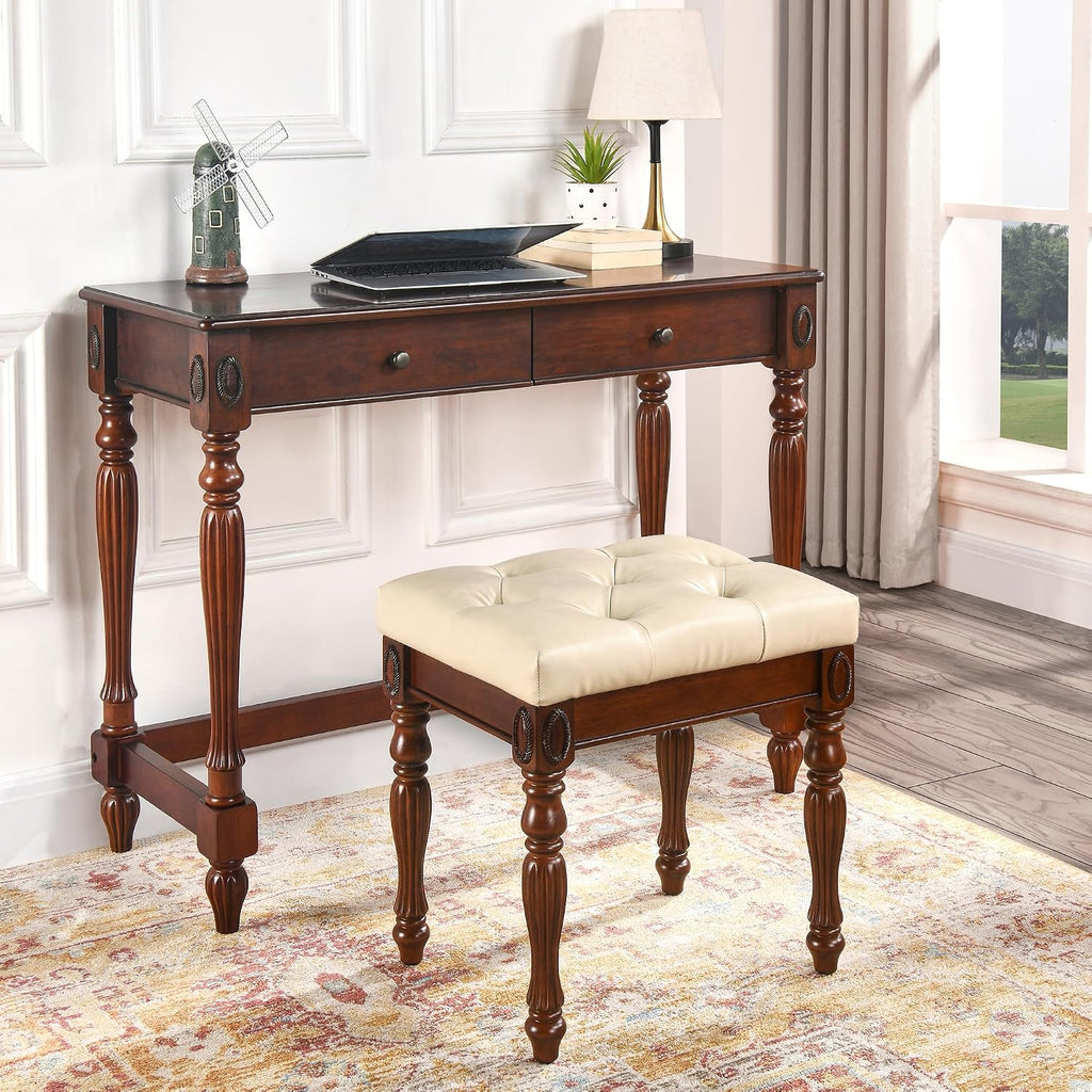 Solid Wood Upholstered Vanity Bench, Small Vintage Ottoman Leather Tufted Foot Stool with Padded Cushion Carved Footrest Rustic Legs for Bedroom Living Room 1533BG(Beige)