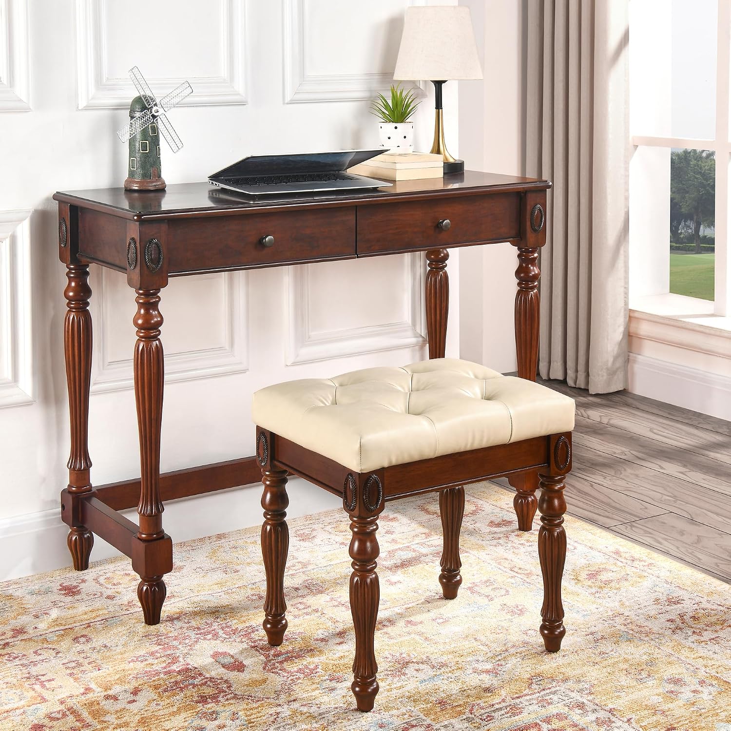 Solid Wood Upholstered Vanity Bench, Small Vintage Ottoman Leather Tufted Foot Stool with Padded Cushion Carved Footrest Rustic Legs for Bedroom Living Room 1533BG(Beige)