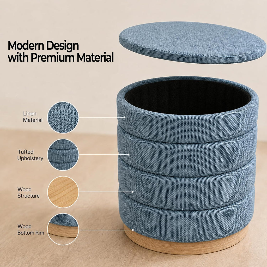 Ottoman Collection Stylish Linen Cylinder Storage Light Blue Round Footrest Vanity Stool Furniture Living Room Small Bench 16' L X16 W X 17' H