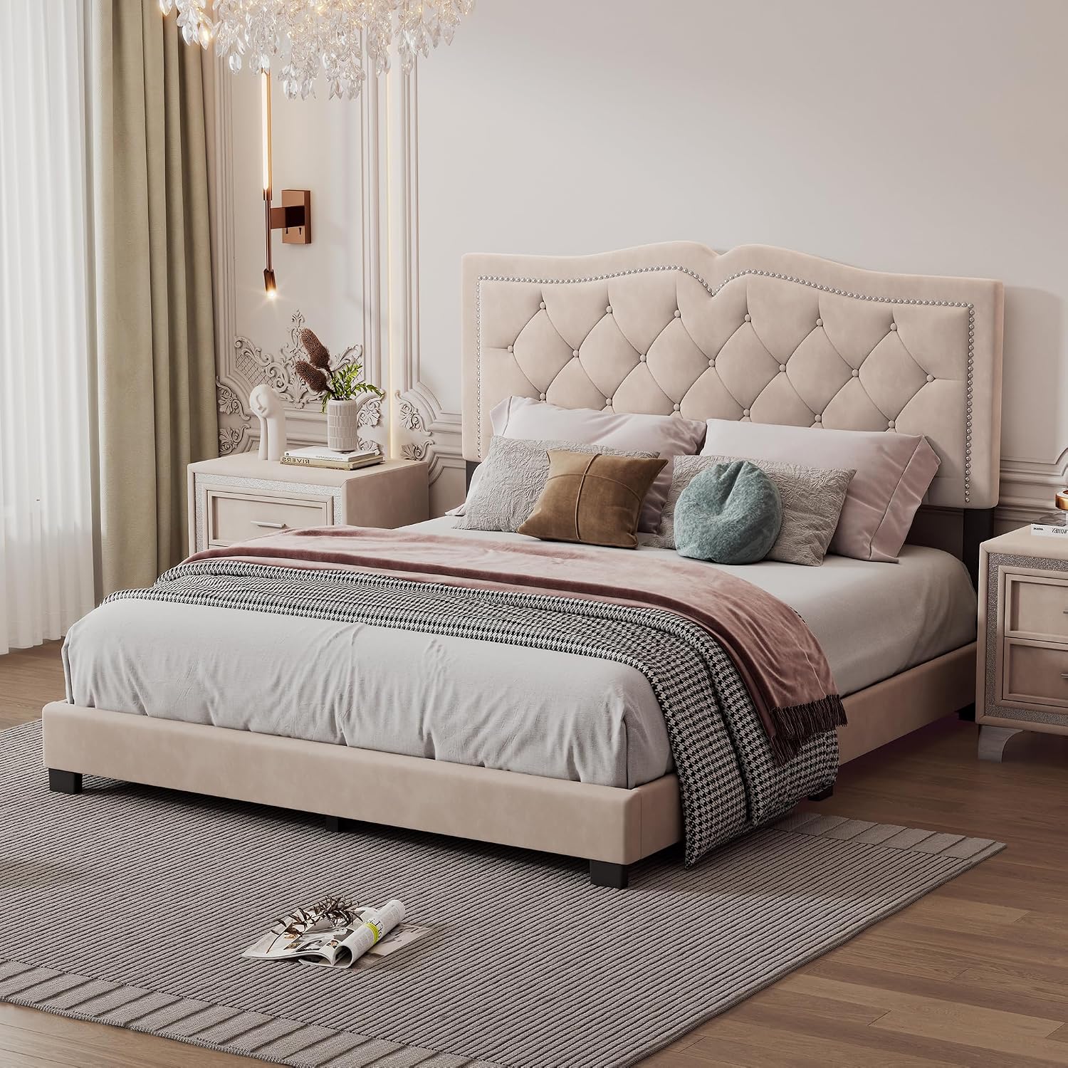 VilroCaz Elegant Velvet Design 3-Pieces Bedroom Sets, Modern Queen Size Platform Bed with 2 Nightstands, Bedside Table, Rivet Design Tufted Headboard
