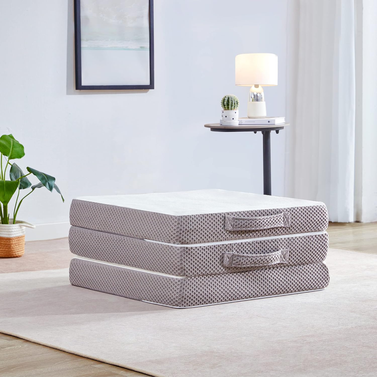 Kingfun Foldable Mat 3.8 Inch Folding Topper Tri-fold Gel Memory Foam Breathable with Storage Bag, Portable Floor Guest Mat Soft for Sleeping Camping, Gray, Queen Size