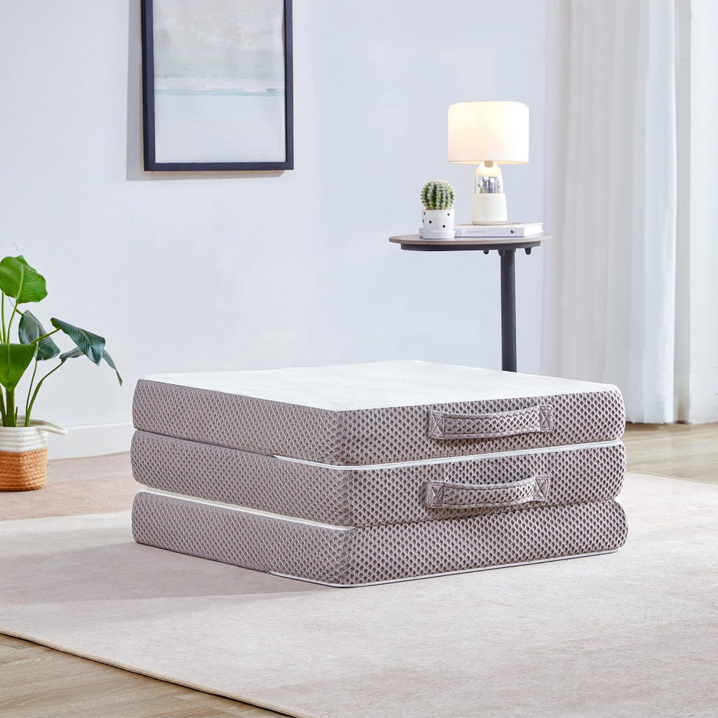 Kingfun Foldable Mat 3.8 Inch Folding Topper Tri-fold Gel Memory Foam Breathable with Storage Bag, Portable Floor Guest Mat Soft for Sleeping Camping, Gray, Full Size