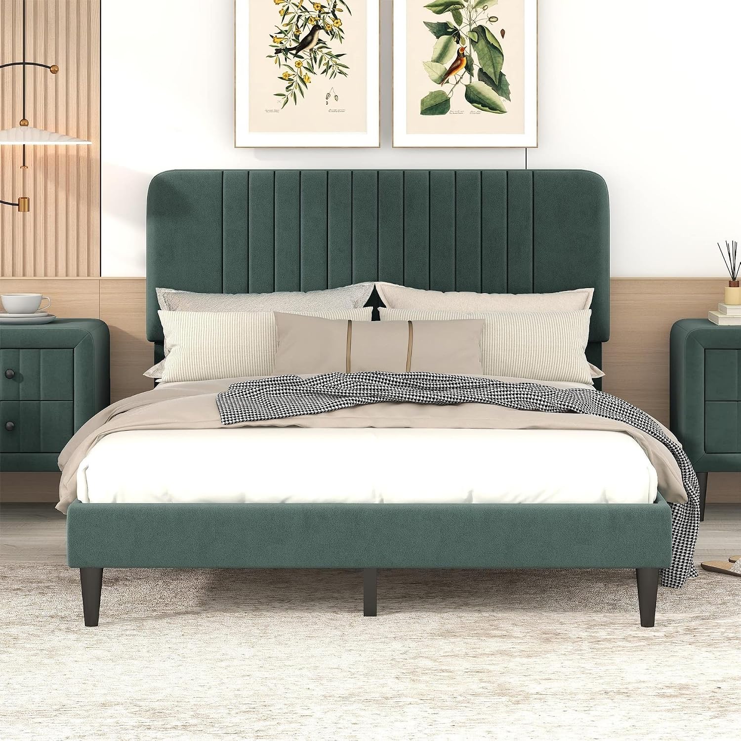 KLMM Elegant Full Size Upholstered Platform Bed,No Box Spring Needed, Velvet Fabric, Suitable for Bedroom Use, Easy to Assemble (Green#K^)