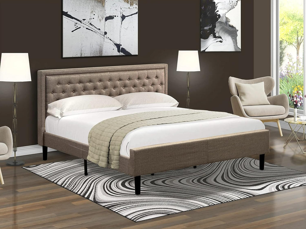 East West Furniture KDF-16-K Platform King Size Bed - Dark Khaki Linen Fabric Upholstered Bed Headboard with Button Tufted Trim Design - Black Legs