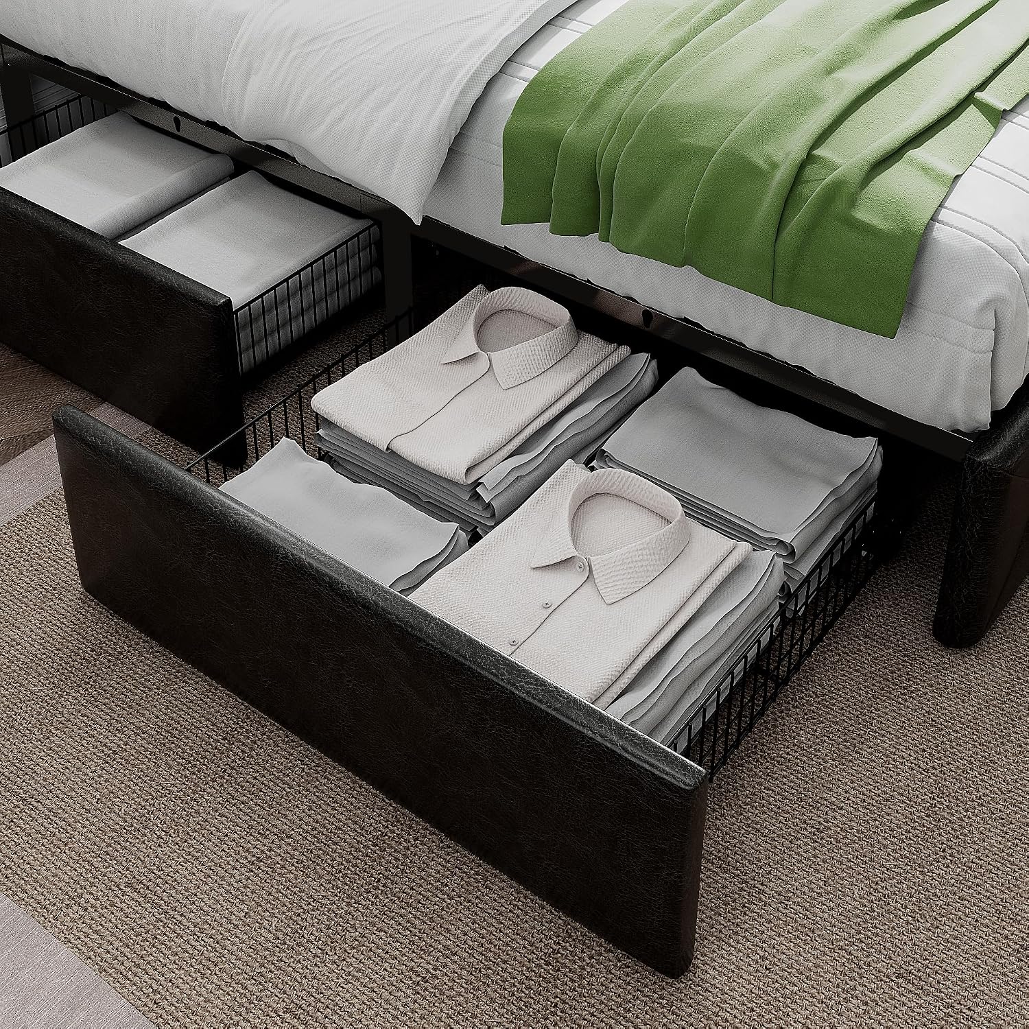 HOOMIC King Platform Storage Bed Frame with 4 Drawers & Adjustable Headboard, Wooden Slats, No Box Spring Needed, Diamond Stitched Button Tufted Design, Black
