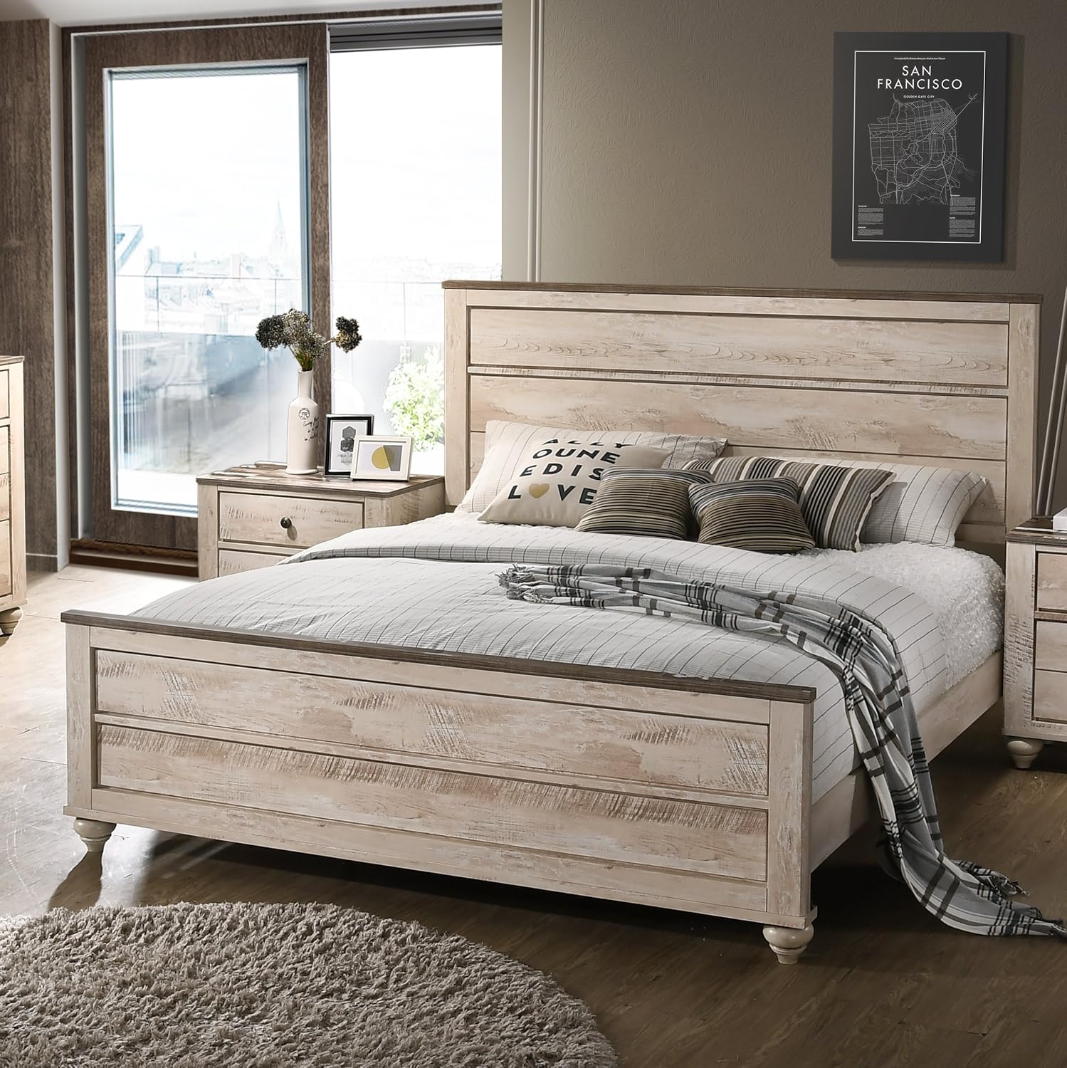 Roundhill Furniture Amerland Contemporary White Wash Finish 4-Piece Bedroom Set,