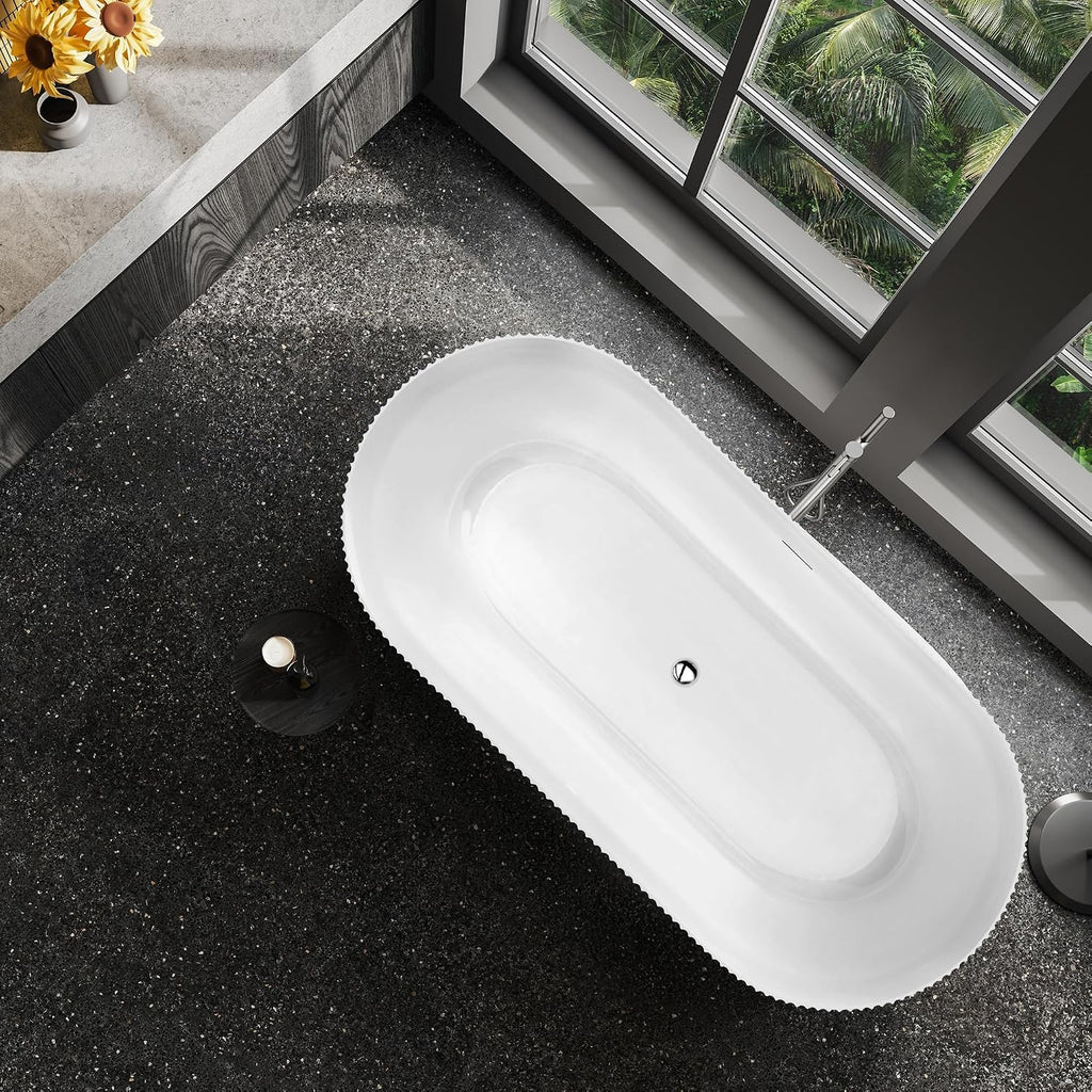 ANZZI Freestanding Soaking Bathtub 59 In Acrylic Solid Surface Glossy Flatbottom White Bailey Series 14.8 In Soaking Depth 67.4 Gal Capacity Overflow Drain Compact One Piece Design | AMZFT650-59