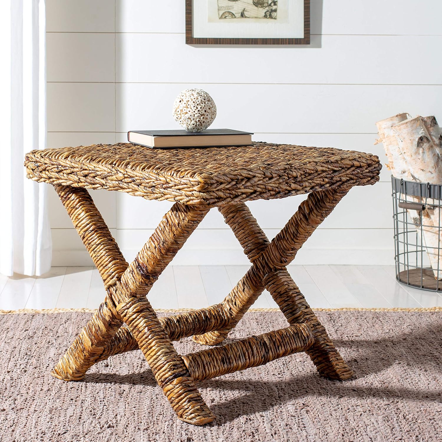 SAFAVIEH Furniture - Manor Natural Woven Rattan X Leg Bench Ottoman, Transitional Boho Accent Stool Seating, Fully Assembled, 22'W x 22'D x 19.5'H (FOX6529A)