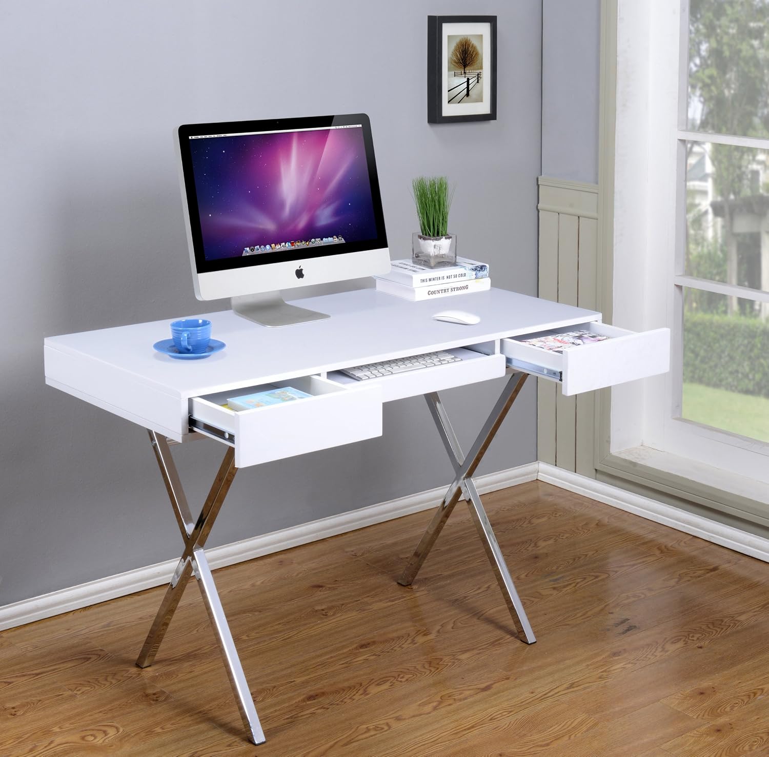 Kings Brand Furniture Contemporary Style Home & Office Desk, White/Chrome