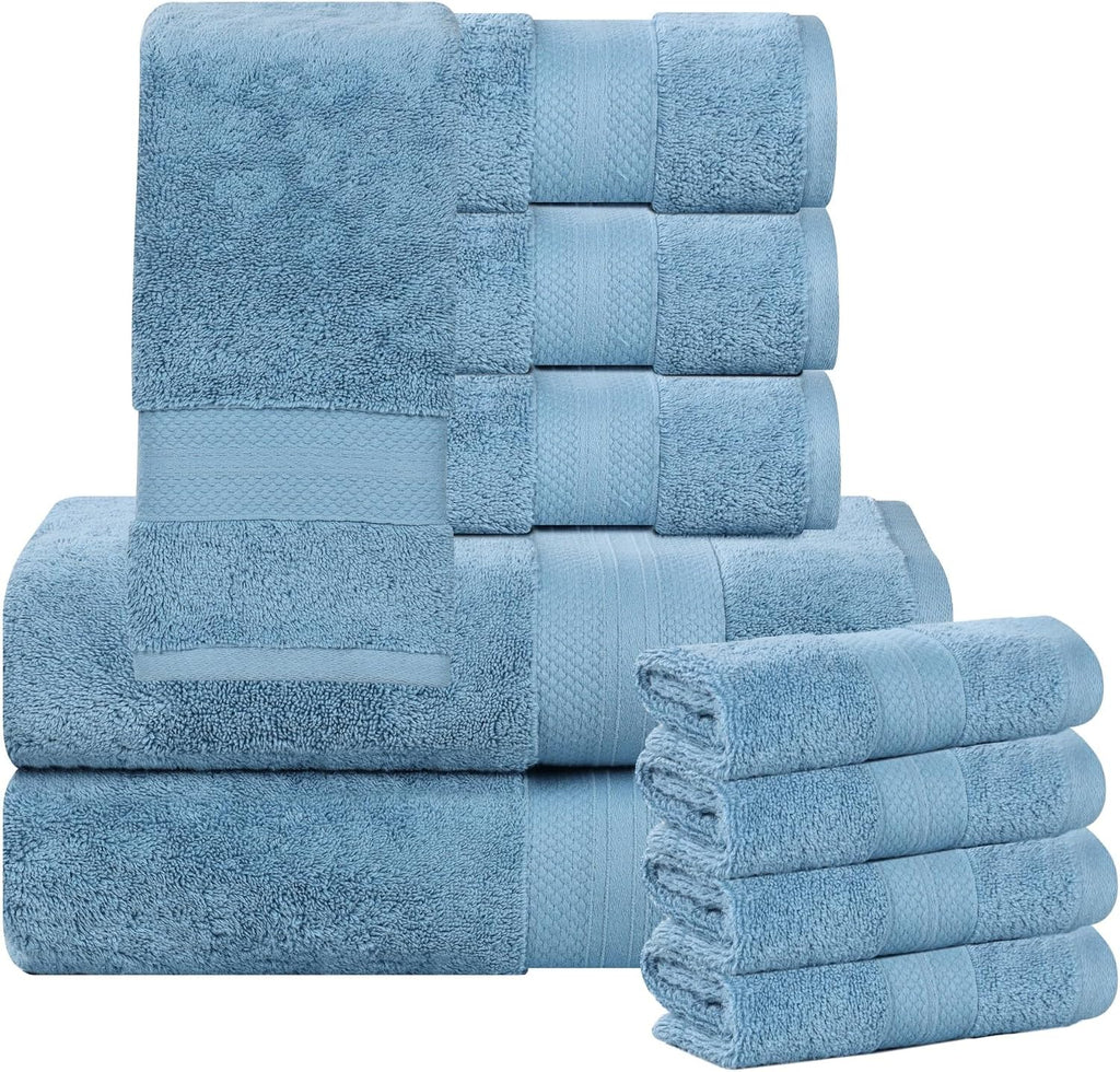 Superior Turkish Cotton 10-Piece Towel Set, 2 Bath, 4 Hand, 4 Face Towels/Washcloth for Home, Guest, Master Bathroom Essentials, Hotel, Spa, Shower, Soft, Heavyweight, Aria Collection, Denim Blue