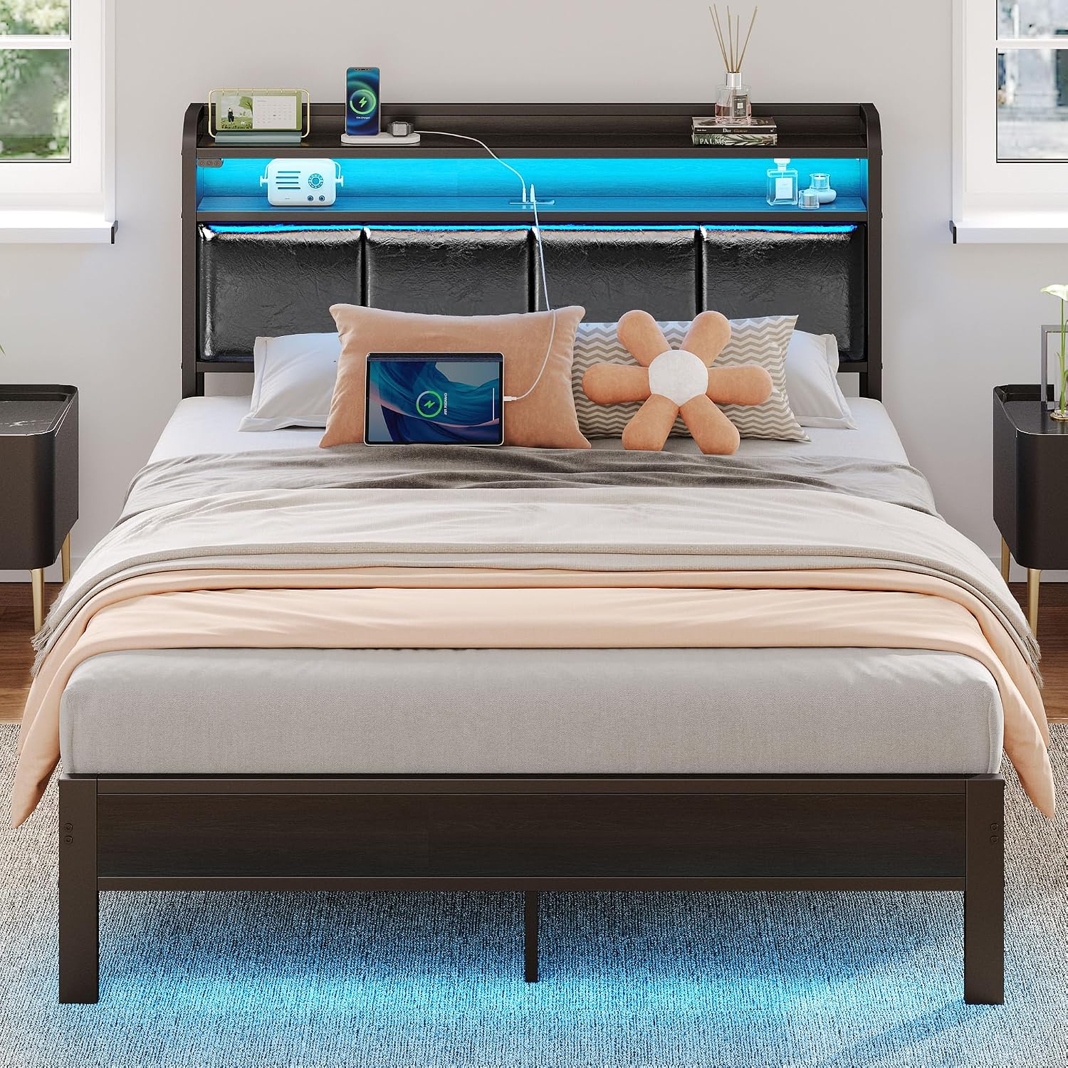 Rolanstar Bed Frame Full Size with Charging Station and LED Lights, PU Leather Headboard with Storage Shelves, Heavy Duty Metal Slats, No Box Spring Need, Noise Free, Easy Assembly, Black