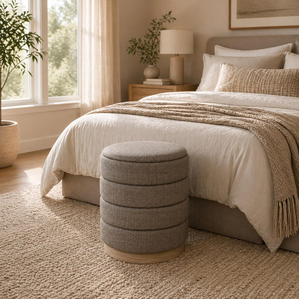 Ottoman Collection Stylish Linen Cylinder Storage Tan Round Footrest Vanity Stool Furniture Living Room Small Bench 16' L X16 W X 17' H