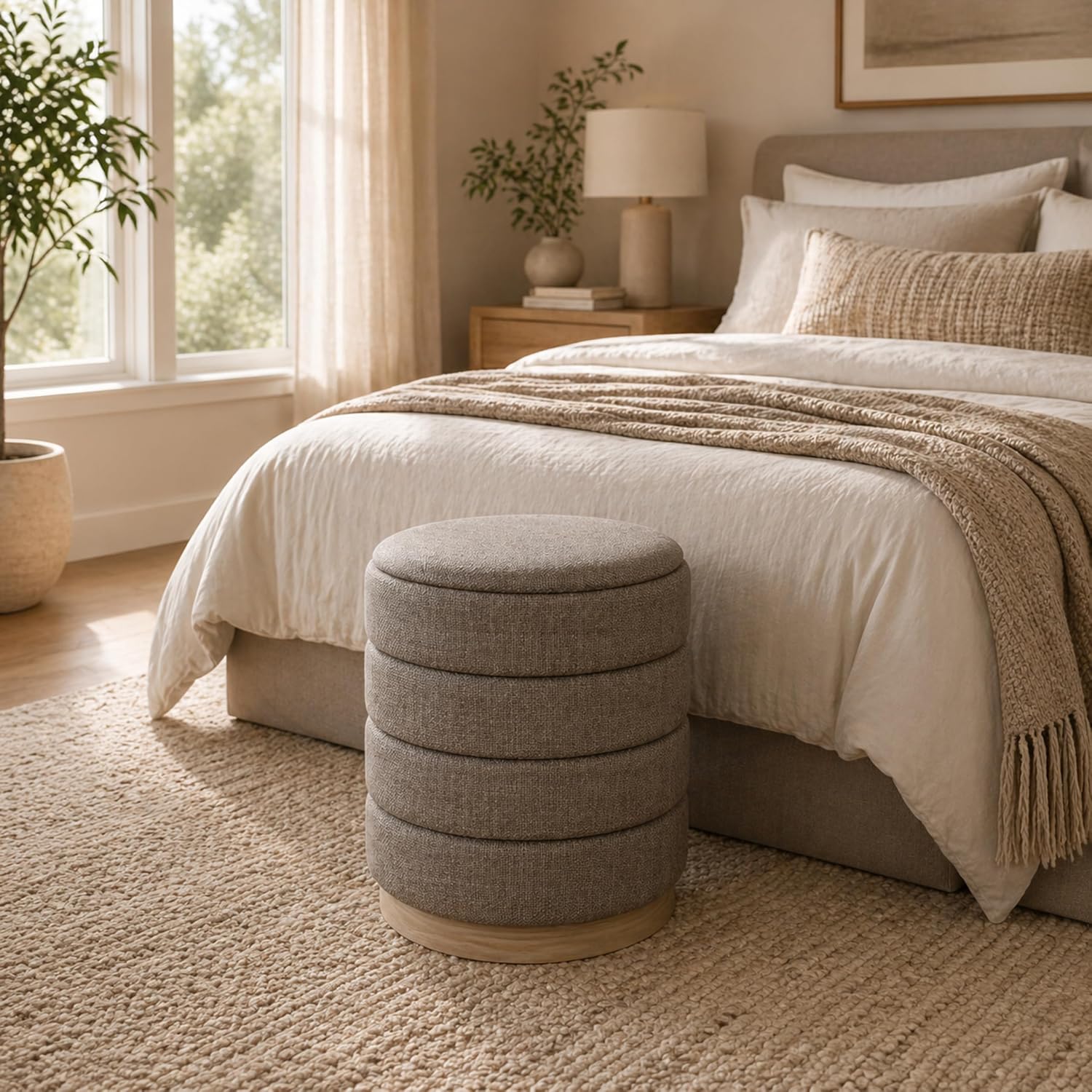 Ottoman Collection Stylish Linen Cylinder Storage Tan Round Footrest Vanity Stool Furniture Living Room Small Bench 16' L X16 W X 17' H