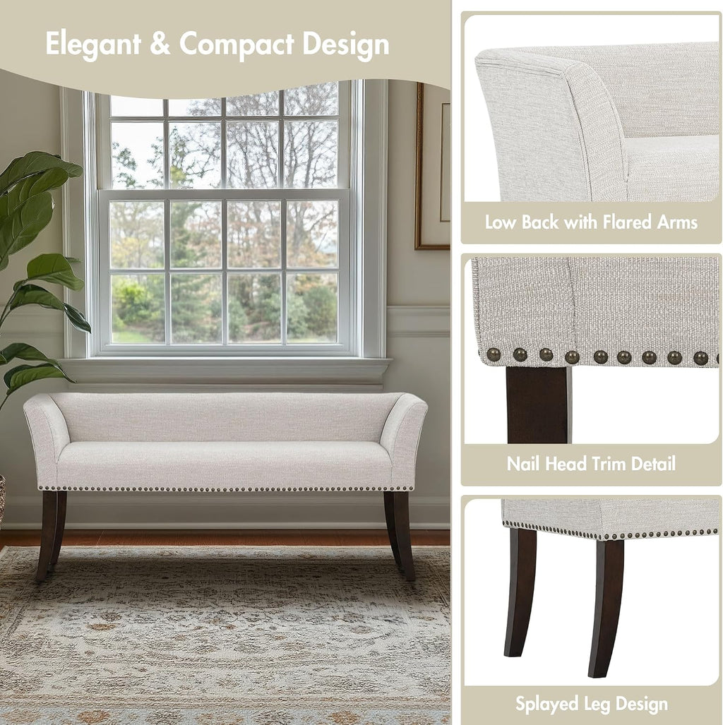 Madison Park Accent Bench for Living Room, Upholstered with Nailhead Trim, & Padded Seat Entryway Bench Small, End of Bed Bench with Back, 49.5' W x 19.25' D x 23' H, White Cream