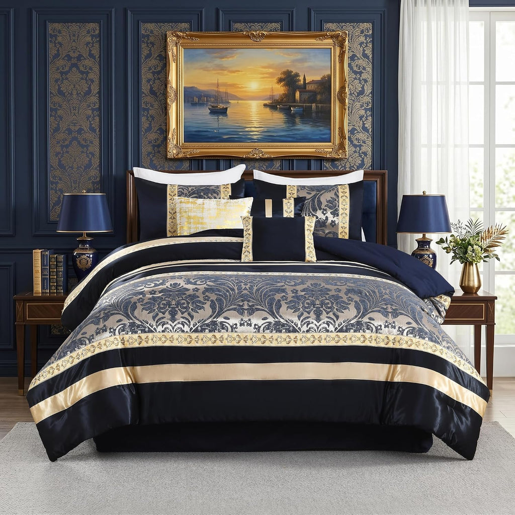 SahSahCasa 7-Piece Luxury California King Comforter Set, Cal King Comforter, Bed in a Bag California King, Jacquard Fluffy Comforter Bedding Set with Bedskirt, Pillows, Down-Alternative, Navy/Gold