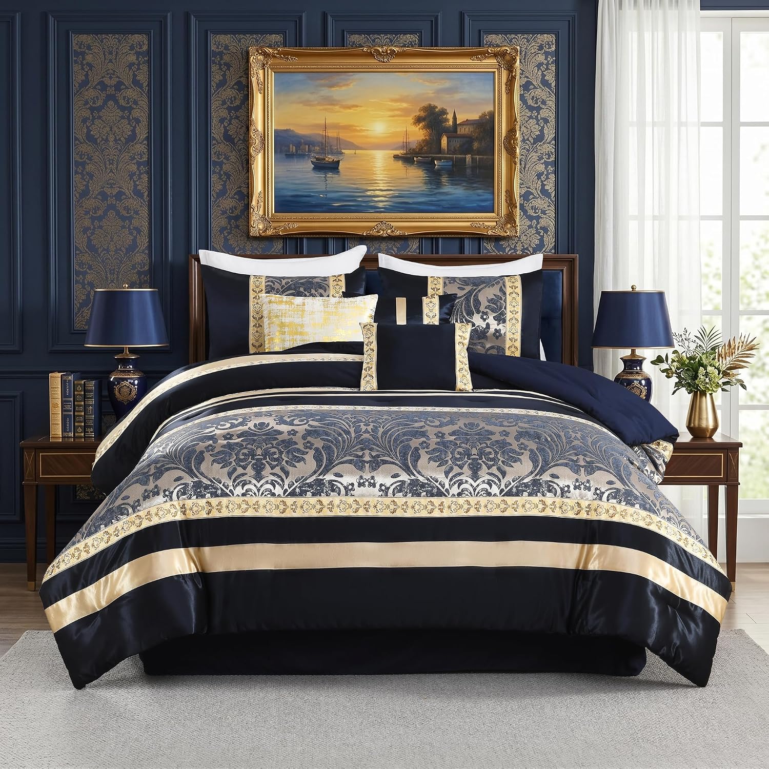 SahSahCasa 7-Piece Luxury California King Comforter Set, Cal King Comforter, Bed in a Bag California King, Jacquard Fluffy Comforter Bedding Set with Bedskirt, Pillows, Down-Alternative, Navy/Gold