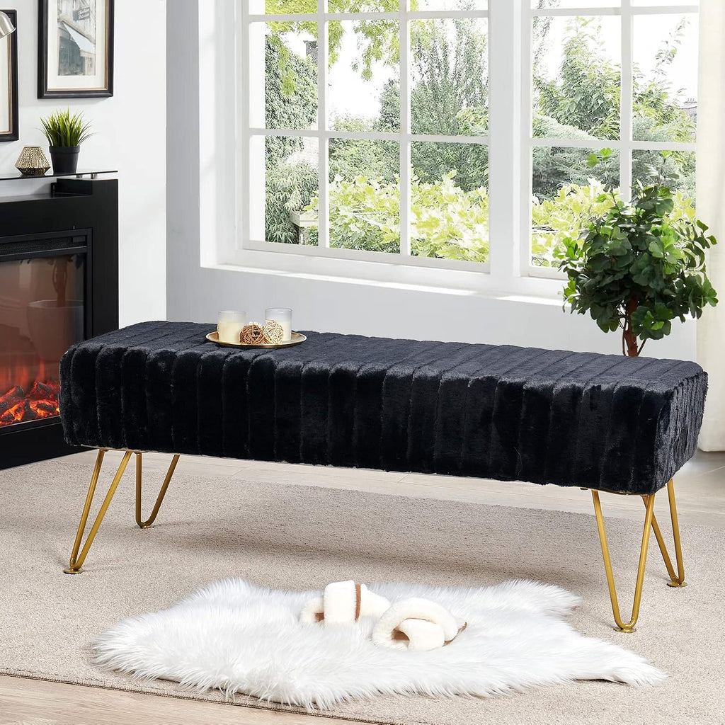 Black Soft Rectangle Faux Fur Long Ottoman Entryway Bench Furry Footrest Stool 46'x16'x17' Sturdy Accent Bench for Bedroom at The End of Bed Fuzzy Coffee Table Living Room Closet Golden Leg
