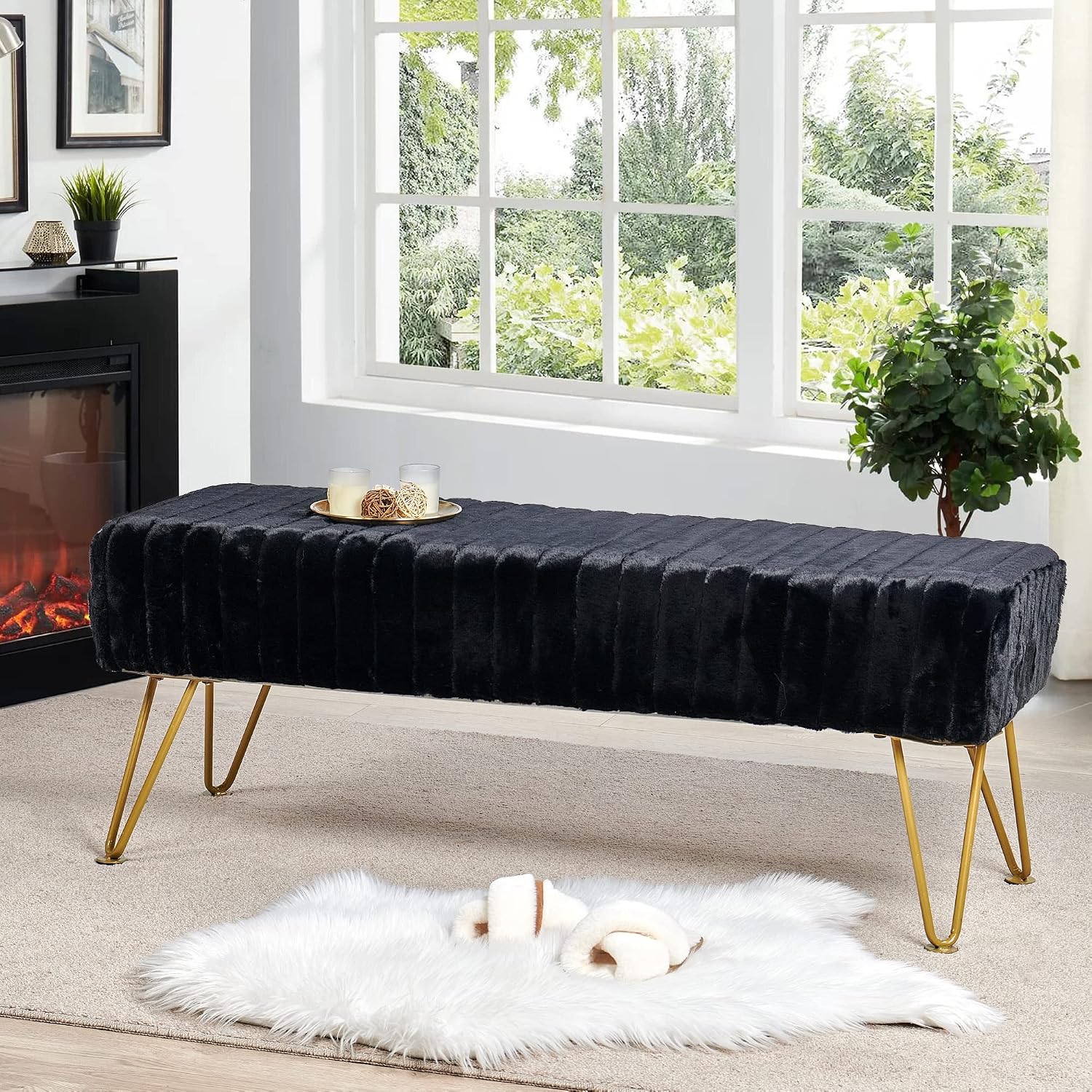 Black Soft Rectangle Faux Fur Long Ottoman Entryway Bench Furry Footrest Stool 46'x16'x17' Sturdy Accent Bench for Bedroom at The End of Bed Fuzzy Coffee Table Living Room Closet Golden Leg
