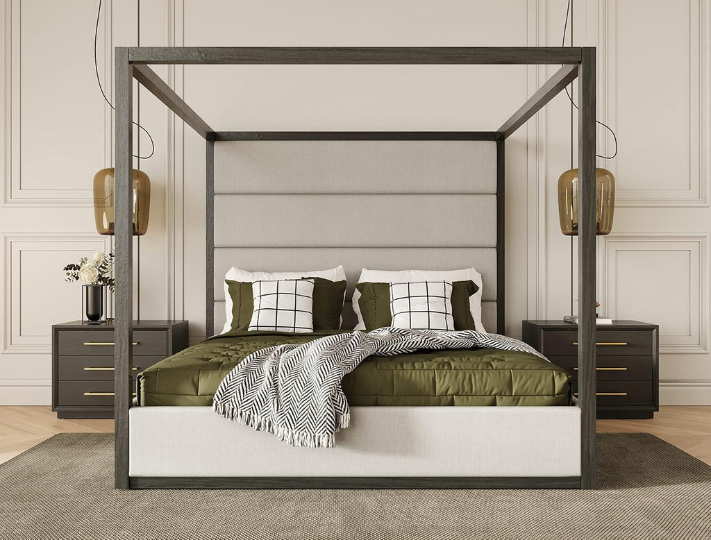 Limari Home Rochester Collection Contemporary Solid Wood and MDF 2 Nighstands, Dresser, Mirror & Polyester Fabric Upholstered Bed 5-Piece Bedroom Set, Eastern King, Grey, Off White, Gold