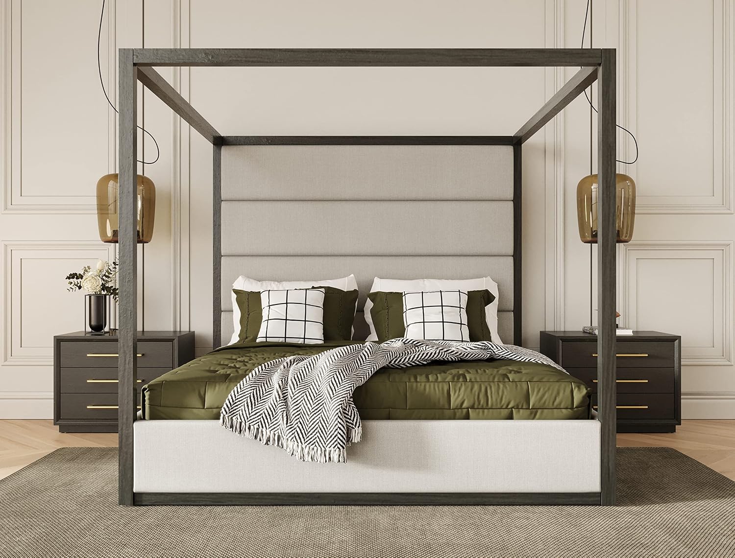 Limari Home Rochester Collection Contemporary Solid Wood and MDF 2 Nighstands, Dresser, Mirror & Polyester Fabric Upholstered Bed 5-Piece Bedroom Set, Eastern King, Grey, Off White, Gold