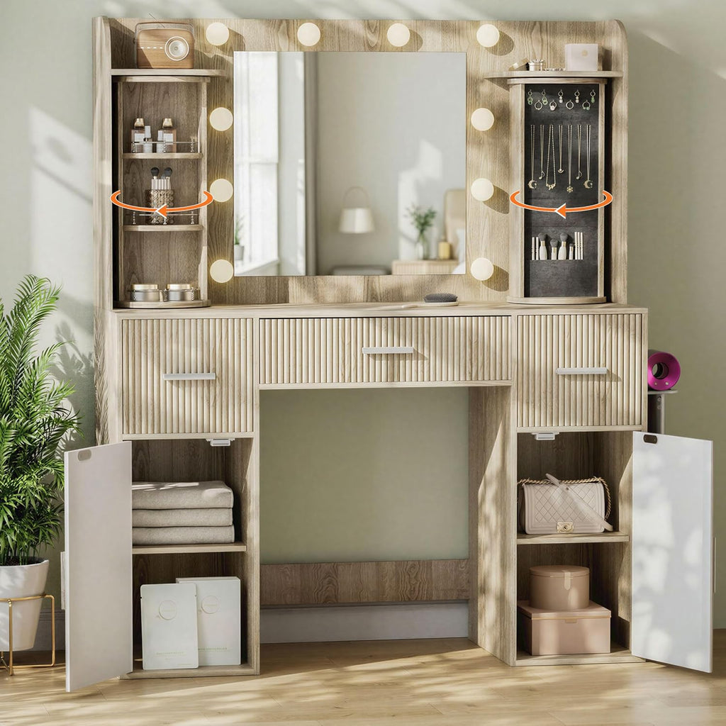 EasyCom Makeup Vanity Desk with Mirror and Lights, Vanity with Rotating Jewelry Organizers, Dressing Table with USB-C Charging Station, 3 Drawers and 2 Cabinets for Bedroom, Dressing Room, Natural Oak