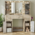 EasyCom Makeup Vanity Desk with Mirror and Lights, Vanity with Rotating Jewelry Organizers, Dressing Table with USB-C Charging Station, 3 Drawers and 2 Cabinets for Bedroom, Dressing Room, Natural Oak
