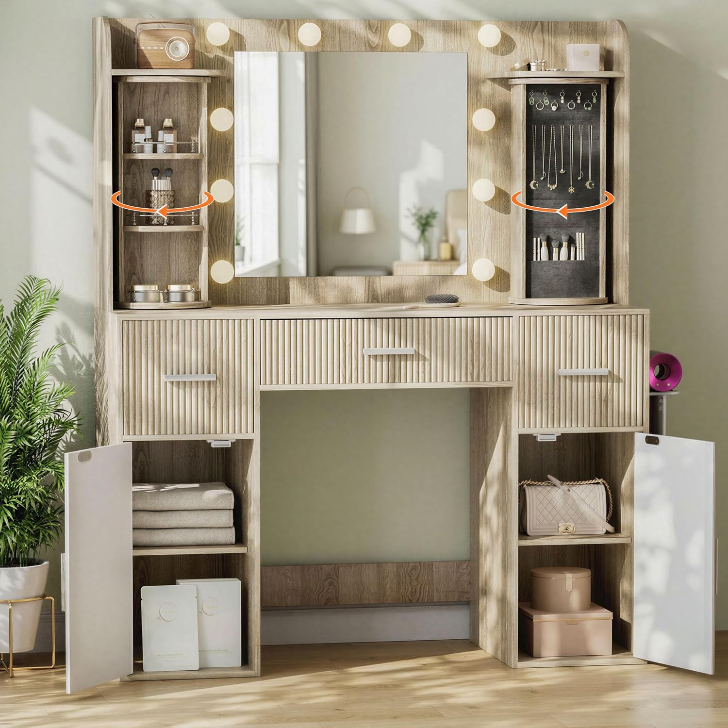 EasyCom Makeup Vanity Desk with Mirror and Lights, Vanity with Rotating Jewelry Organizers, Dressing Table with USB-C Charging Station, 3 Drawers and 2 Cabinets for Bedroom, Dressing Room, Natural Oak