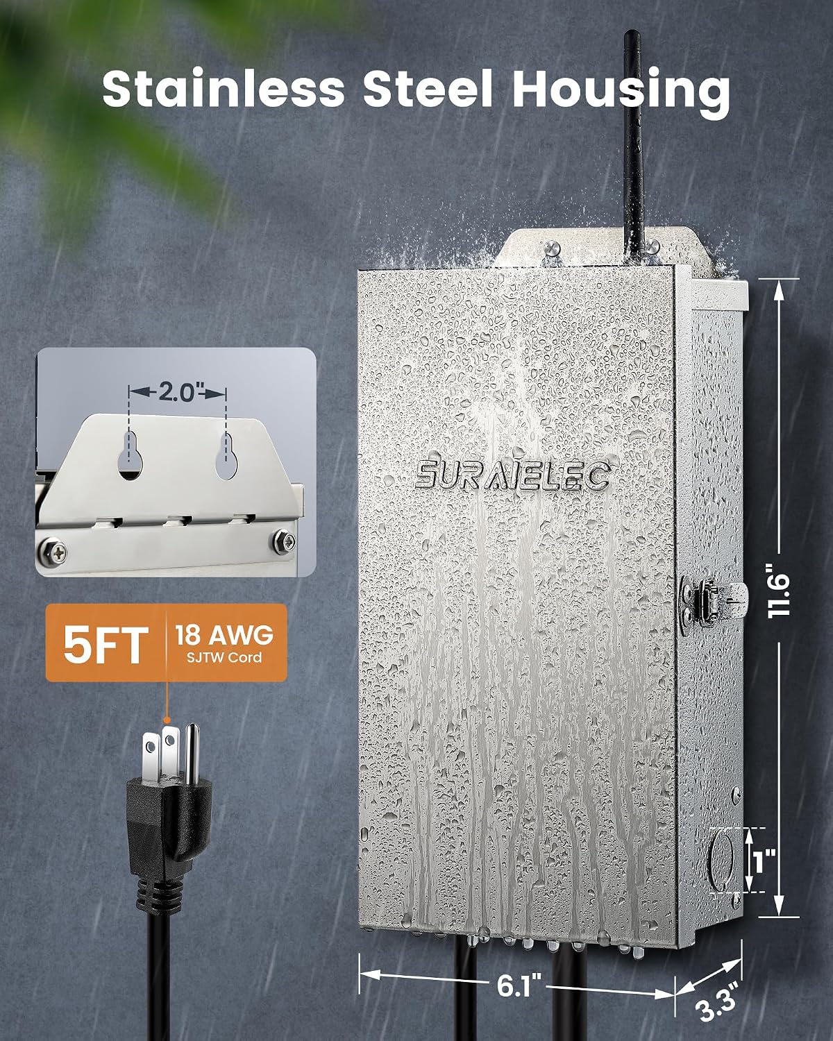 SURAIELEC 300W Wi-Fi Low Voltage Landscape Transformer with 2 Zones, 2.4GHz Smart Outdoor Low Voltage Transformer, Astronomial Timer, 120V to 12V/15V AC, Stainless Steel, ETL Listed