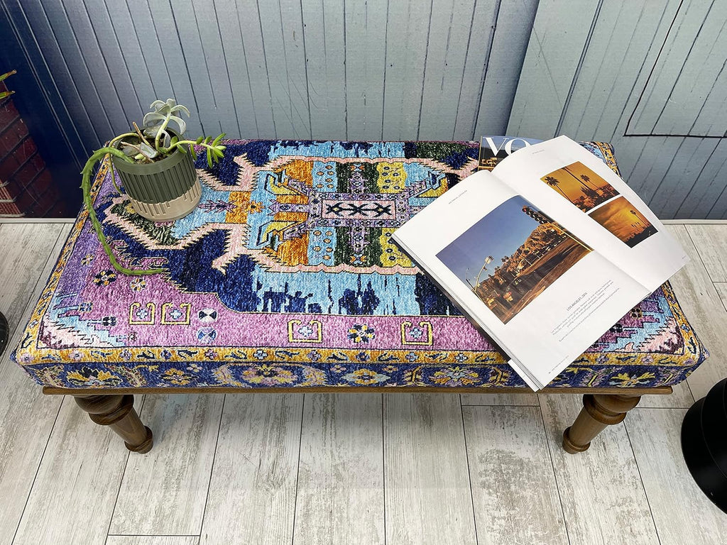 Generic Handmade Oriental Rug Bench, Pink, Wood, Cotton Fabric, Sponge