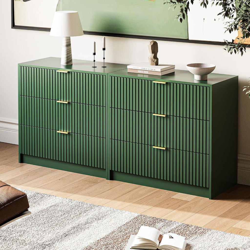 MAISONARIA 3-Piece Dresser Bedroom Set, 9 Drawer Dresser & 3 Drawer Nightstands with Gold Handles, Fluted Wood Chest of Drawers for Bedroom, Living Room, Entryway, Green