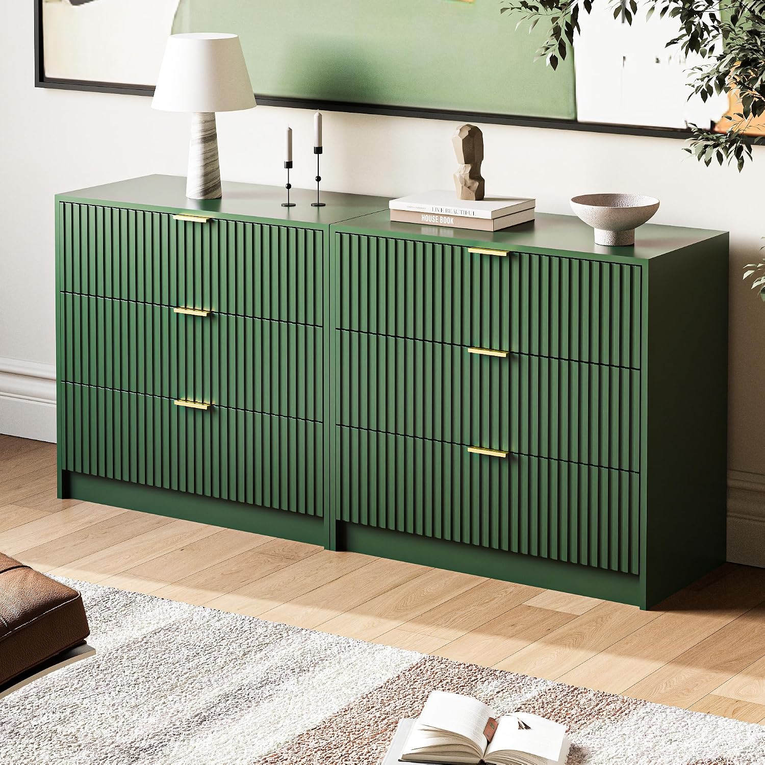 MAISONARIA 3-Piece Dresser Bedroom Set, 9 Drawer Dresser & 3 Drawer Nightstands with Gold Handles, Fluted Wood Chest of Drawers for Bedroom, Living Room, Entryway, Green